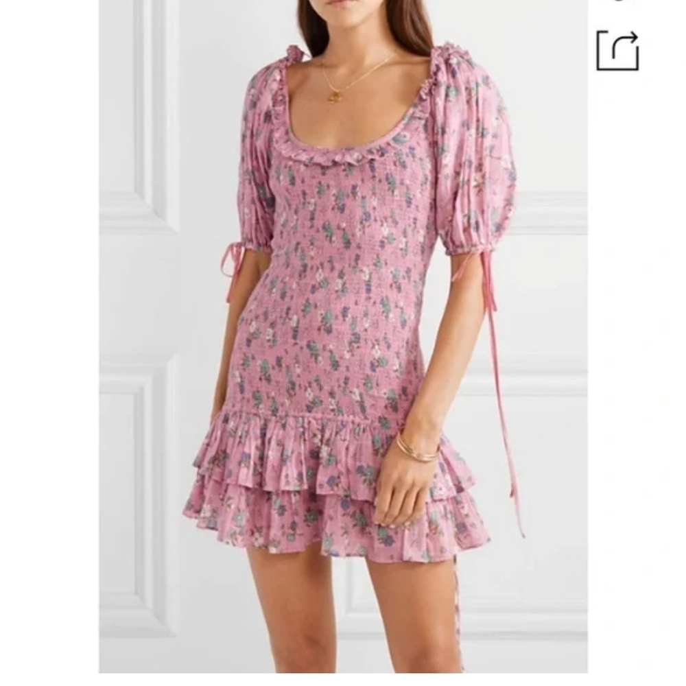 LoveShackFancy Pink Floral Smocked Ruffle Mini Dress with Puff Sleeves